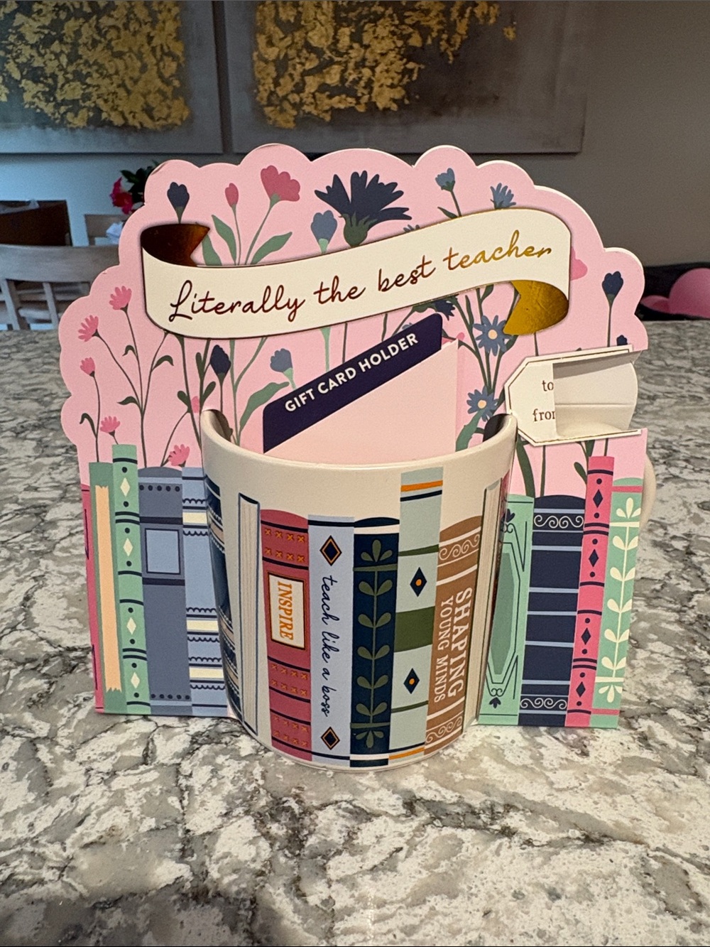 Literally the Best Teacher Gift Card Holder with Floral Book Design - Pink